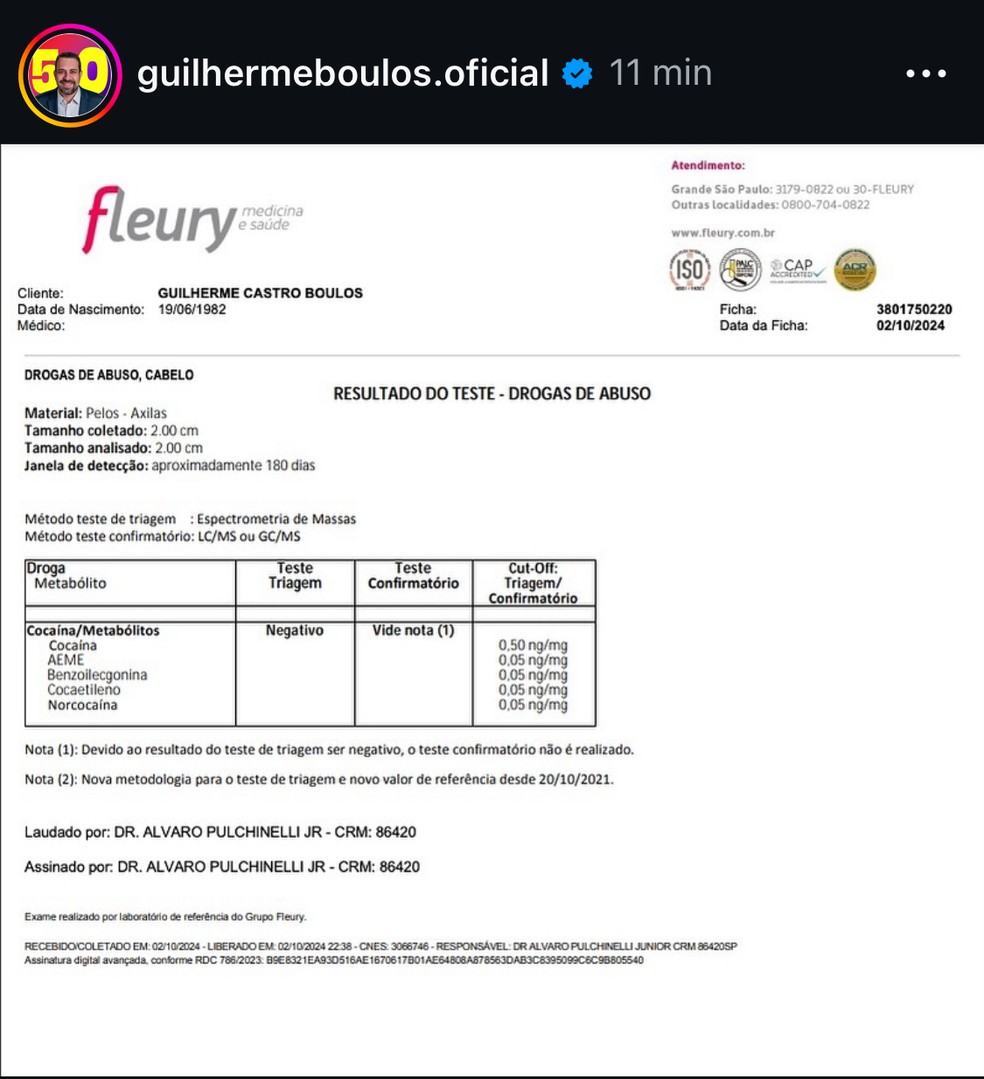 Exame toxicológico de Boulos divulgado em sua página do Instagram — Foto: Reprodução Instagram