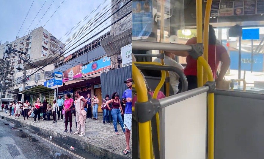 Relatos nas redes sociais denunciam dificuldade de acesso a atransporte público gratuito em cidades pelo Brasil no segundo turno de eleição; nas imagens, fila em São Gonçalo, no RJ, e pssageira sem conseguir embarcar em Recife, em PE