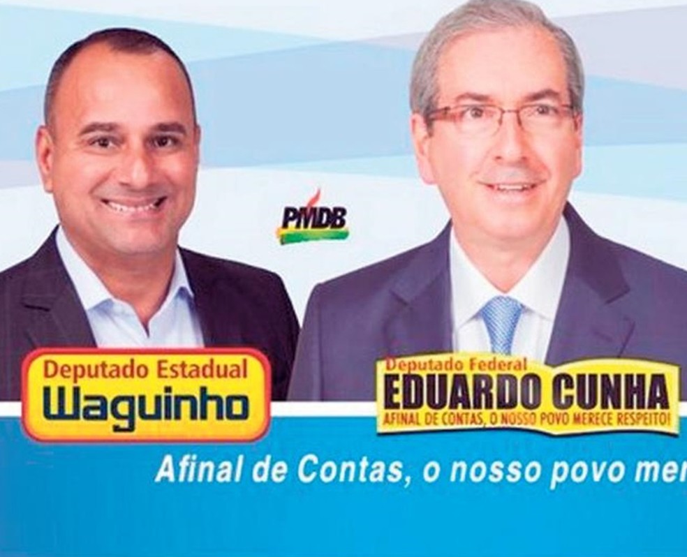 Relação antiga: santinho digital com Waguinho e Cunha, ainda no então PMDB — Foto: Reprodução