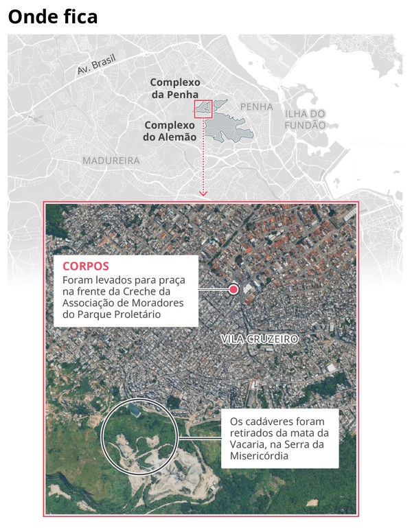 Veja onde foi o confronto na megaoperação nos complexos da Penha e do Alemão e para onde os moradores levaram os corpos — Foto: Editoria de Arte