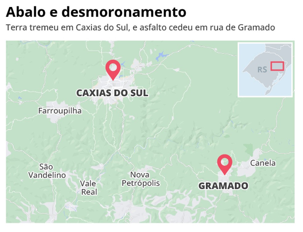 Mapa de Caxias e Gramado, abaladas por tremor e desmoronamento de asfalto — Foto: Editoria de arte