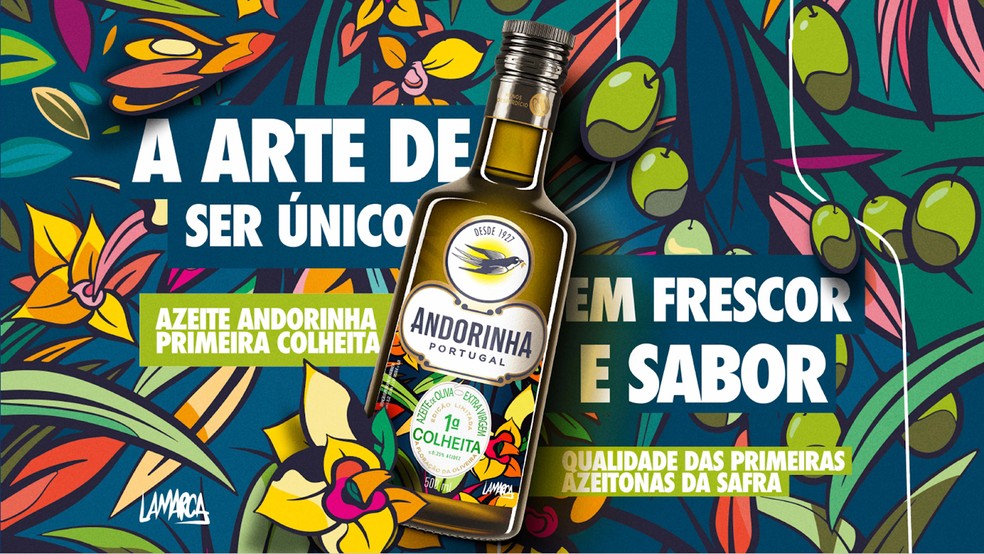 Andorinha lança o novo Azeite Extra Virgem Primeira Colheita com rótulo criado por Marcelo Lamarca — Foto: Divulgação / Andorinha