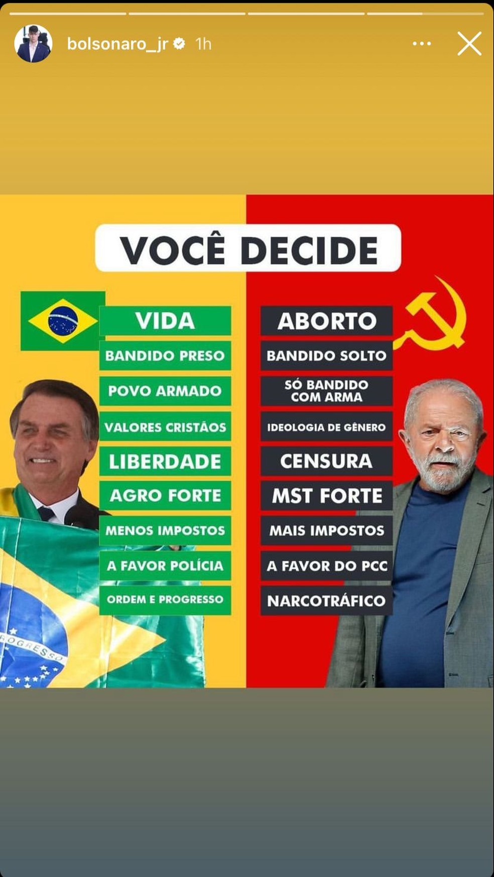 Publicação de Jair Renan Bolsonaro no Instagram associa Lula a narcotráfico e Bolsonaro a 'ordem e progresso' — Foto: Reprodução/Redes sociais