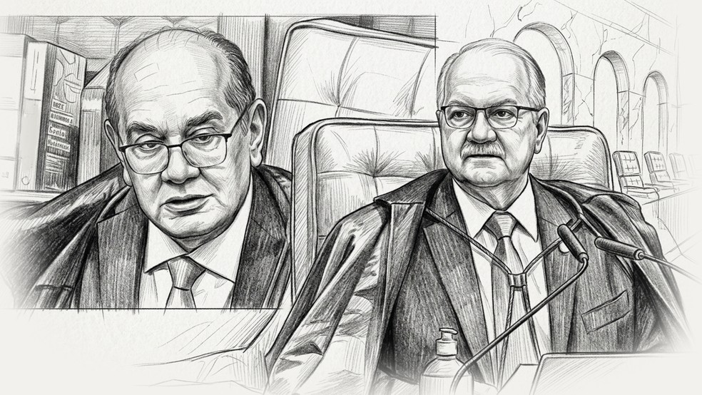 Gilmar Mendes questiona Fachin ter assumido relatoria do caso das mensagens de Vorcaro a Moraes — Foto: Arte O GLOBO/ Fotomontagem com uso de IA