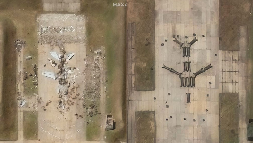 Aeronave destruída (E) e aeronave falsa (D) são vistas na base aérea de Belaya antes de ataque ucraniano que destruiu bombardeiros estratégicos na Rússia — Foto: AFP PHOTO / Satellite image ©2025 Maxar Technologies