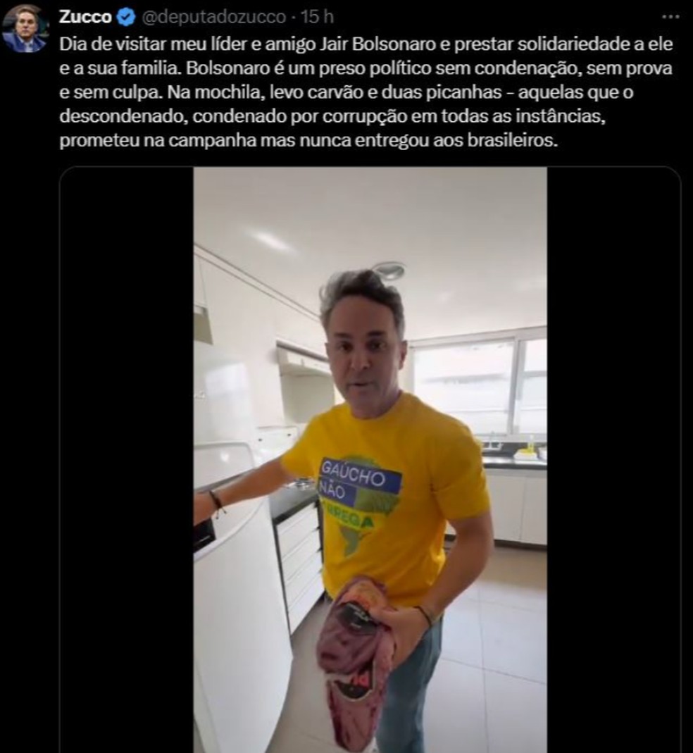 Postagem de Zucco antes de visita a Jair Bolsonaro em prisão domiciliar — Foto: Reprodução/X