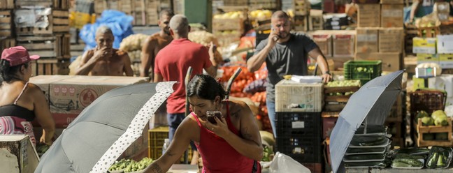 Vendedora usa sombrinha para proteger alimentos  venda no Ceasa do Rio. Calor extremo tem gerado maior perda de produtos, assim como aumento dos preos  Foto: Gabriel de Paiva / Agncia O Globo