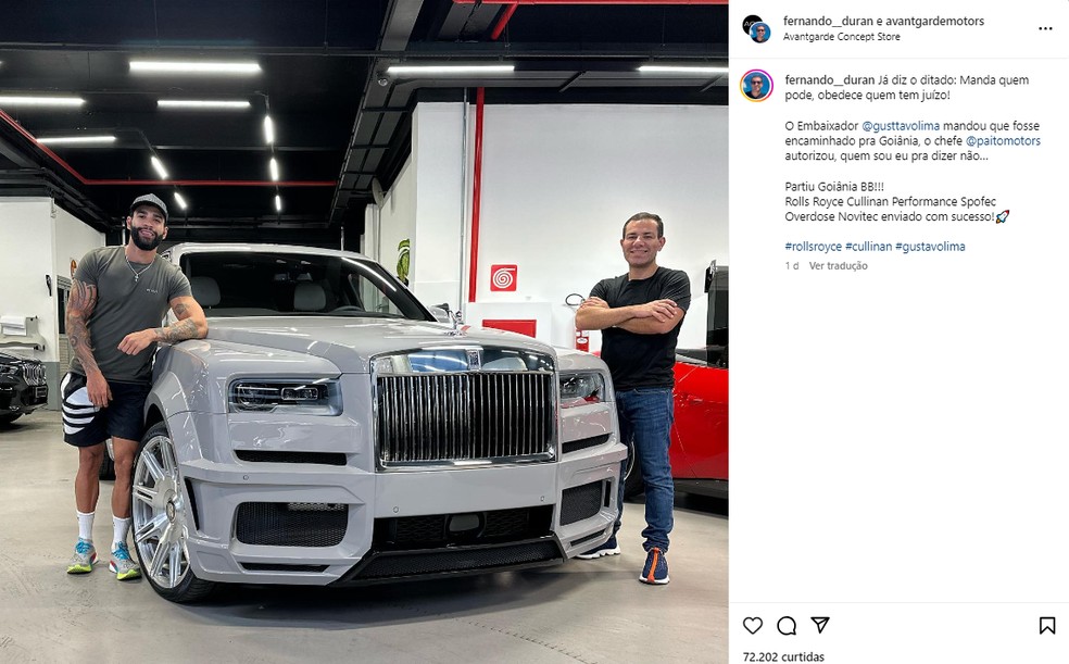 Post de Fernando Duran com Gusttavo Lima e o Rolls Royce — Foto: Reprodução Instagram