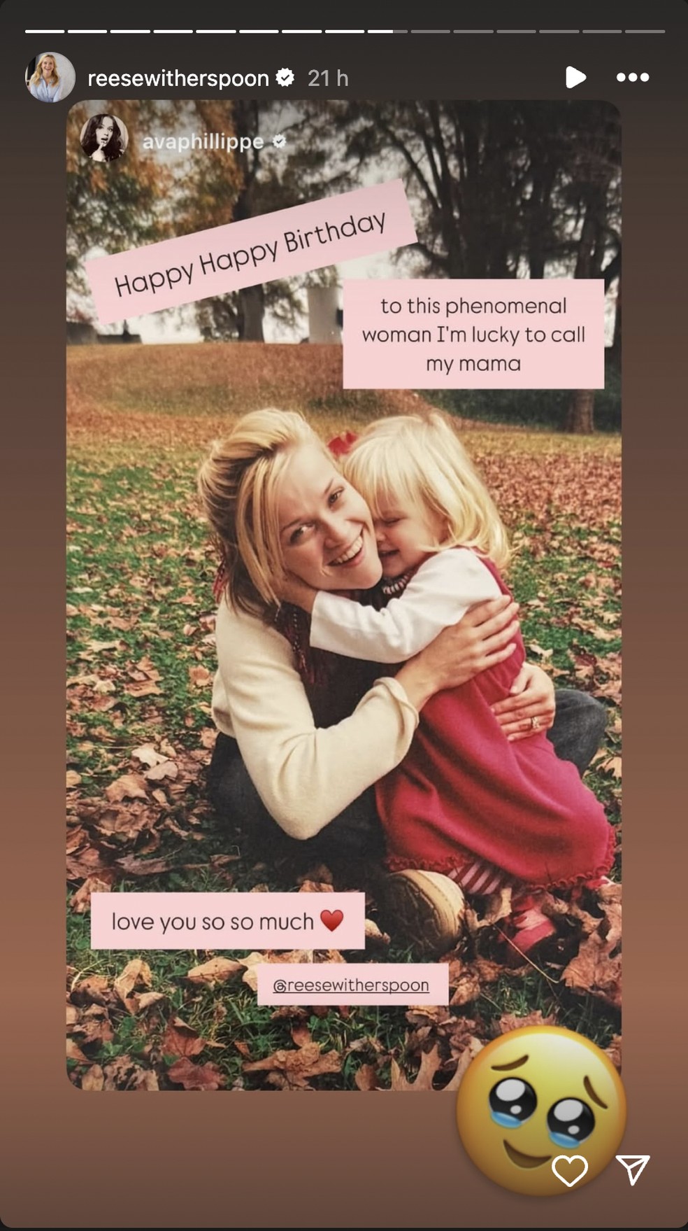Os parabéns de Ava Phillippe, filha mais velha de Reese Witherspoon — Foto: Reprodução/Instagram