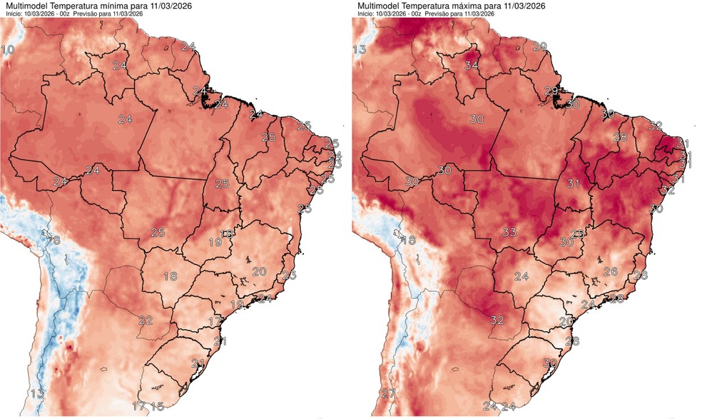 Previsão de mínima e máxima em todo o país, segundo o INPE, para 10 de março de 2026 — Foto: Reprodução / INPE