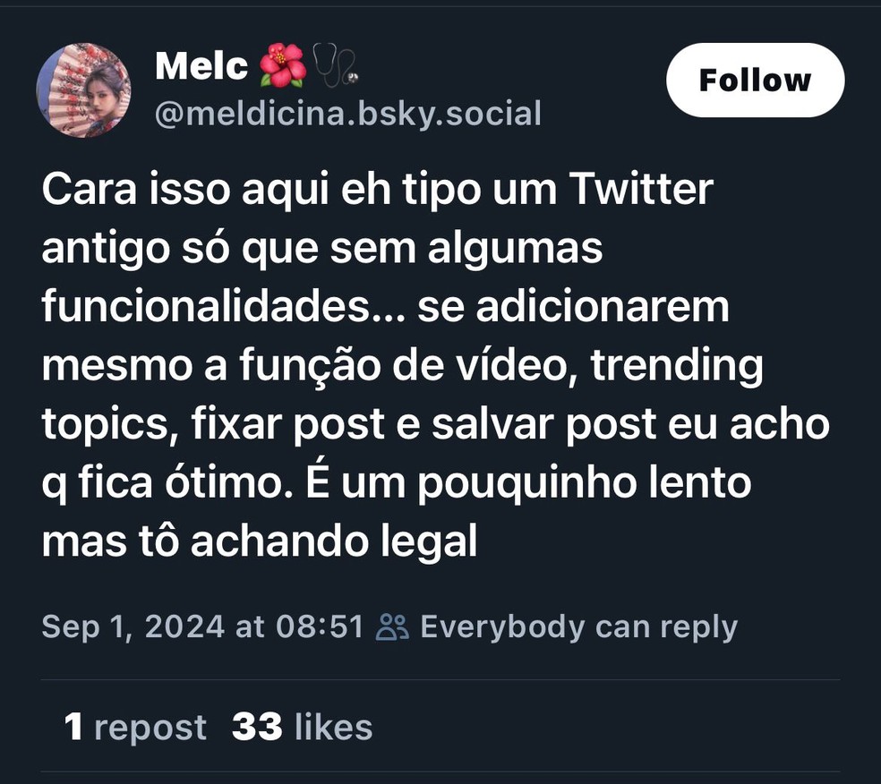 Usu&aacute;ria d&aacute; opini&atilde;o sobre Bluesky &mdash; Foto: Reprodu&ccedil;&atilde;o / Bluesky