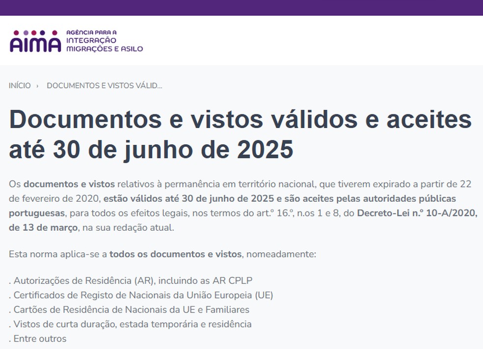 Reprodução do site da AIMA: documentos aceitos pelas autoridades públicas — Foto: Reprodução
