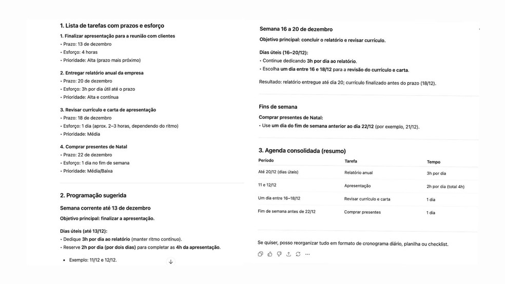 Exemplo de organização de tarefas de fim de ano pelo ChatGPT — Foto: Reprodução/ChatGPT