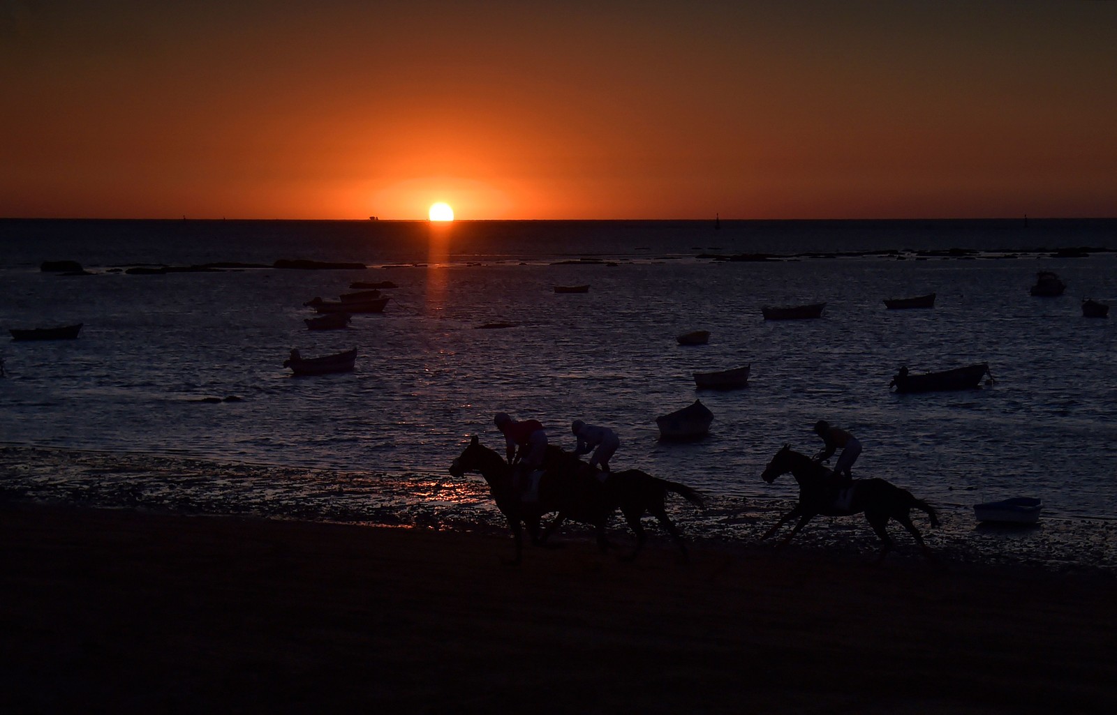 Jockeys correm ao longo de uma praia durante as corridas anuais de cavalos de praia em Sanlucar de Barrameda, perto de Cádiz, Espanha  — Foto: CRISTINA QUICLER / AFP