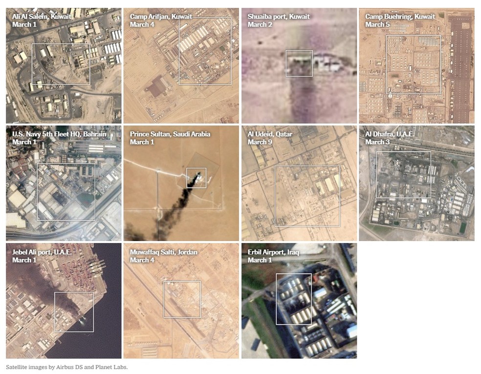 Imagens de satélite da Airbus DS e Planet Labs usadas pelo New York Times mostra danos às bases militares americanas — Foto: Reprodução/New York Times