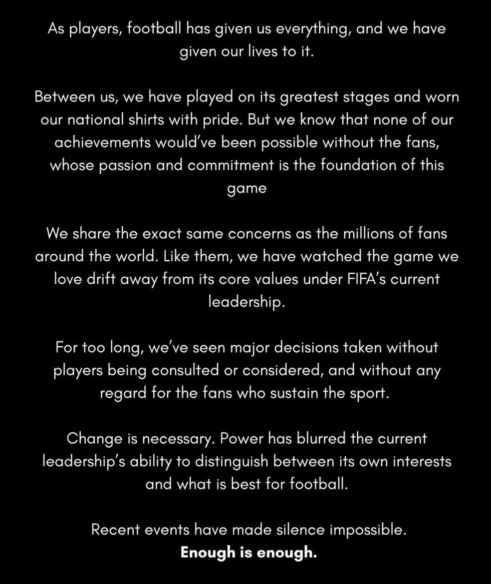 Comunicado de ex-jogadores contra a Fifa &mdash; Foto: Reprodu&ccedil;&atilde;o