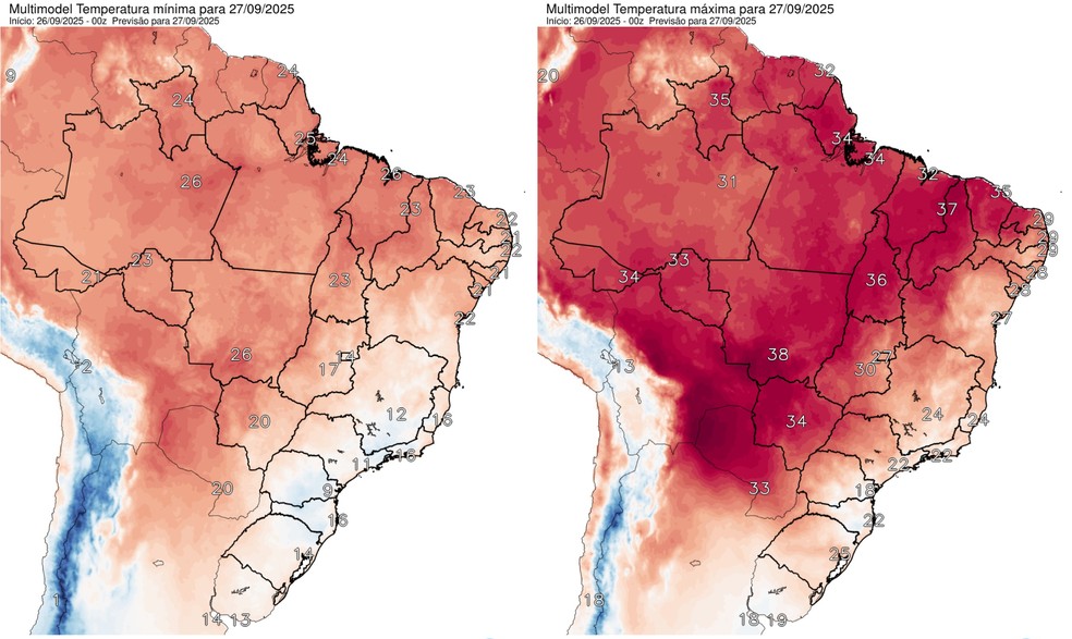 Previsão da temperatura mínima (esquerda) e máxima (direita) para o sábado (27) — Foto: Reprodução / Inpe