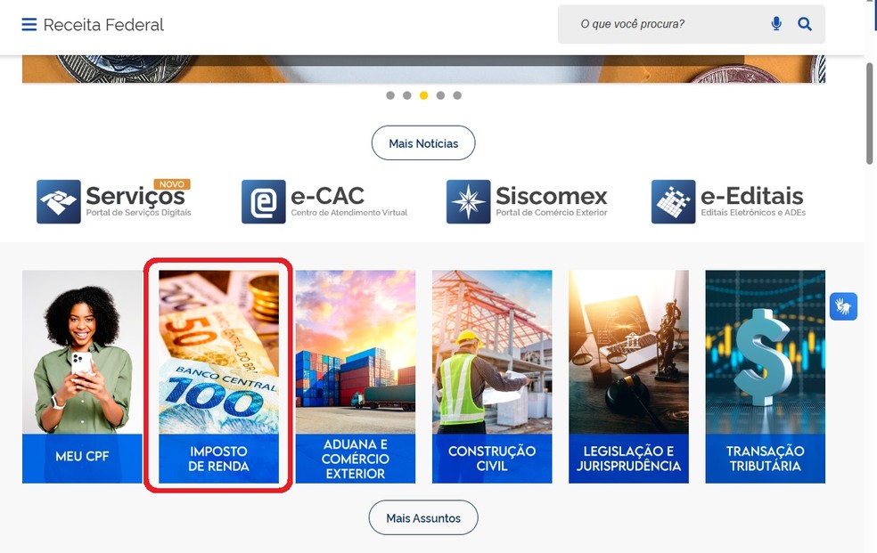No site da Receita, role para baixo e ache o item "Imposto de Renda" — Foto: Reprodução