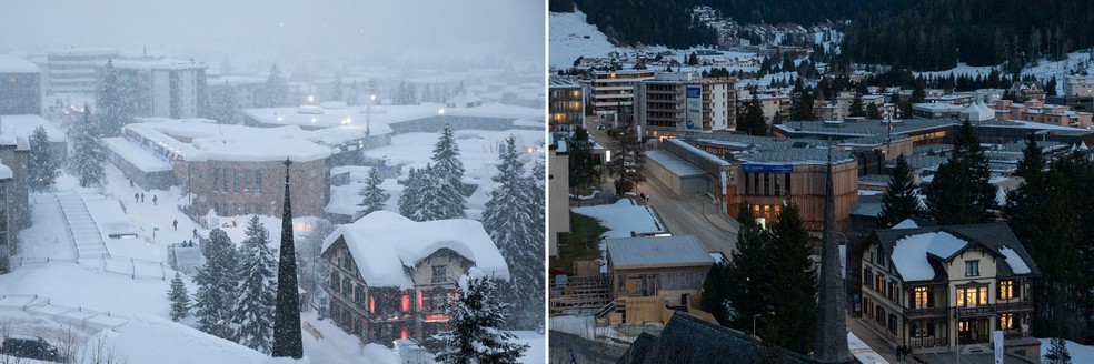 Neve pesada ao redor do Centro de Congressos de Davos em janeiro de 2018, à esquerda, e mostrada em janeiro de 2023, à direita — Foto:  Jason Alden/Francesca Volpi/Bloomberg