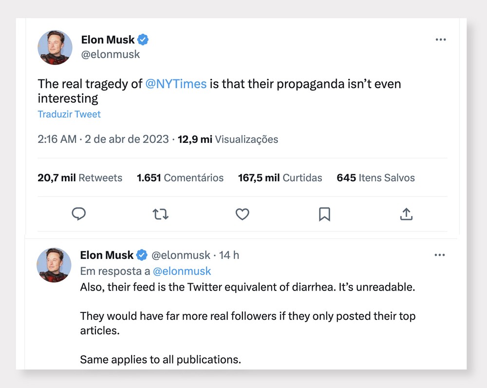 Elon Musk chama conteúdo do New York Times de 'diarreia' e diz que ...