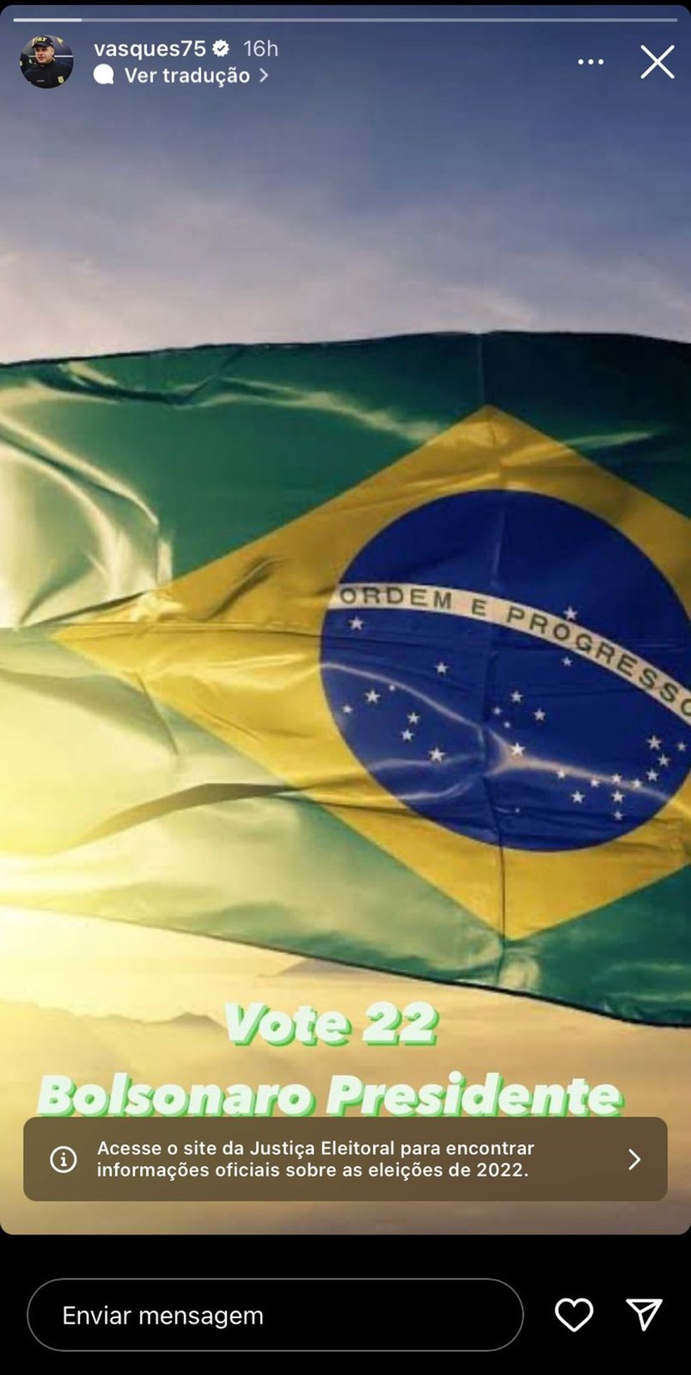 Silvinei Vasques publica foto da bandeira do Brasil com os dizeres "Bolsonaro presidente" — Foto: Reprodução / Instagram