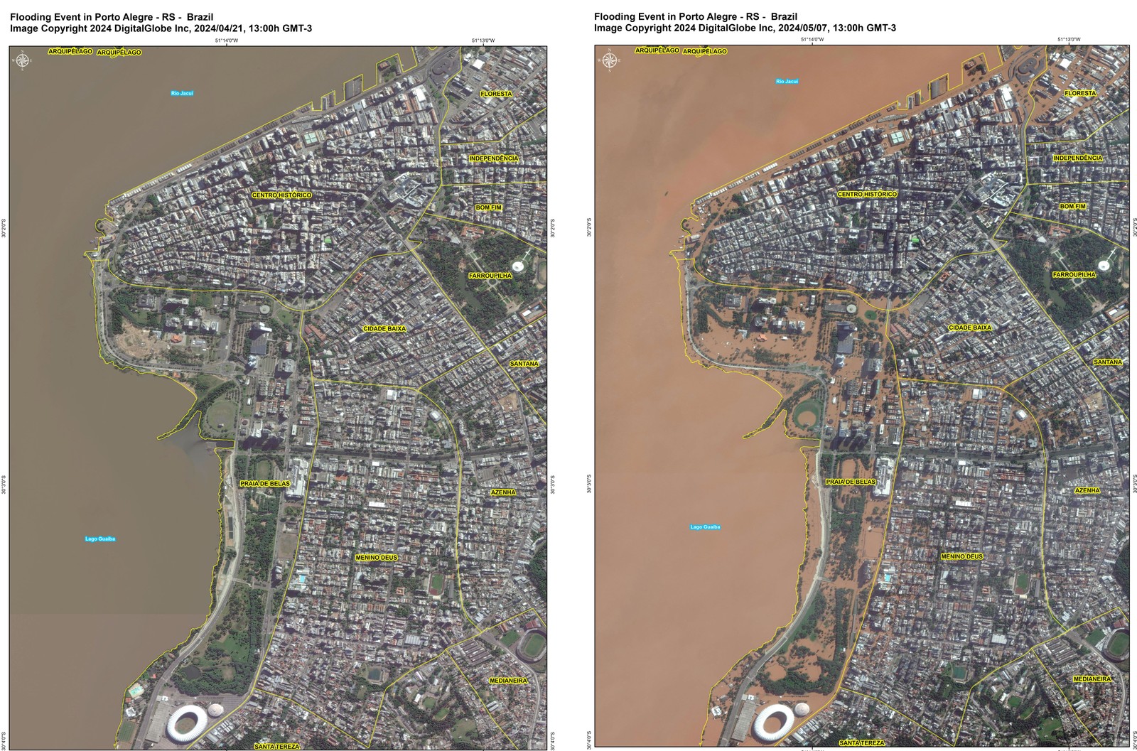 Imagens de satélite comparam Porto Alegre antes das inundações com estado de calamidade atual — Foto: Censipam