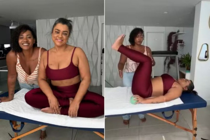 Depois de retomar o tratamento contra o câncer, Preta Gil segue com sua rotina de exercícios em casa com a ajuda de uma profissional. — Foto: Reprodução / Instagram