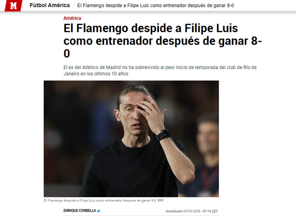 Jornal Marca repercute demissão de Filipe Luís — Foto: Reprodução