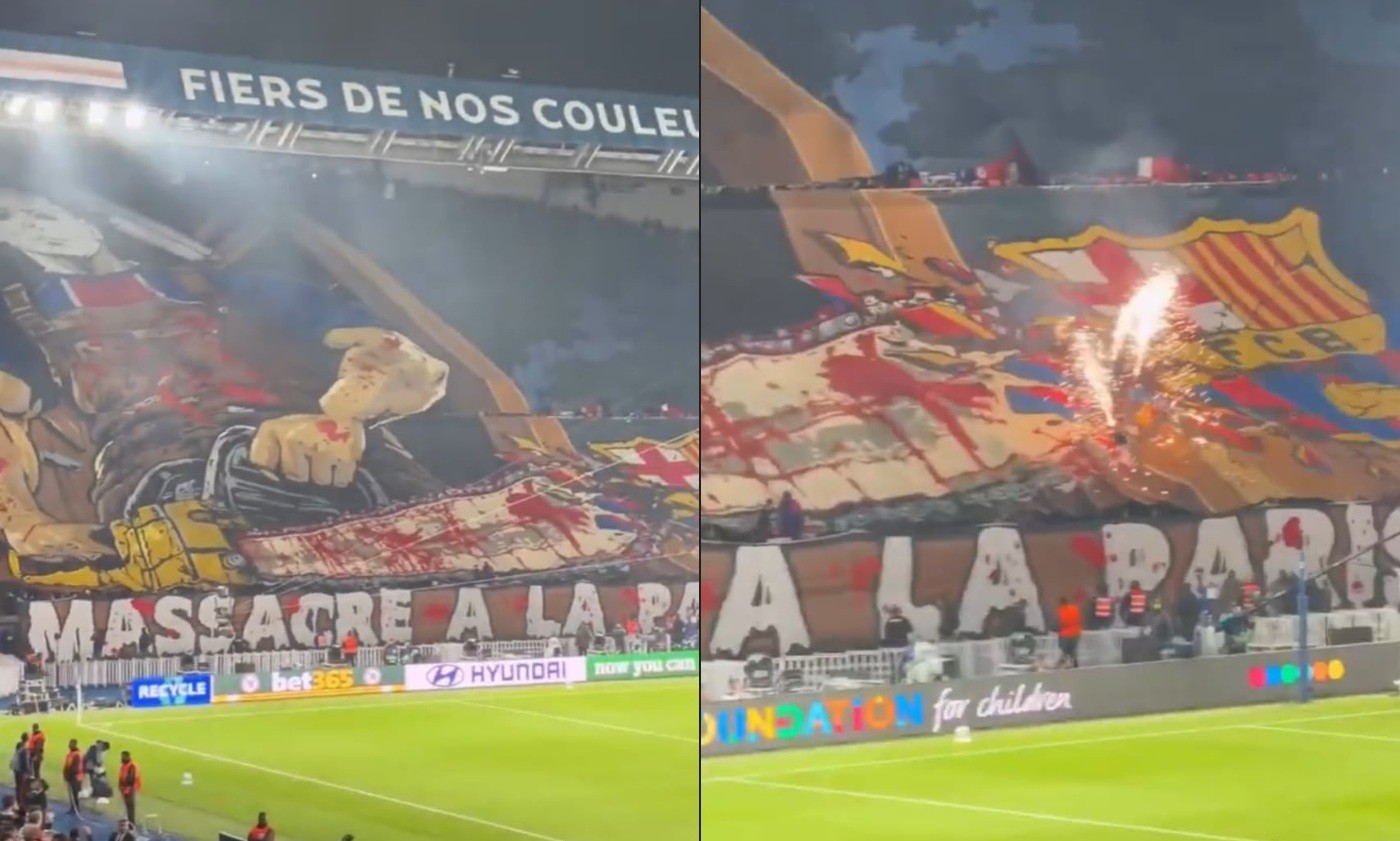 Barcelona denuncia PSG à Uefa por bandeirão da torcida com motosserra e mensagem de ‘massacre’