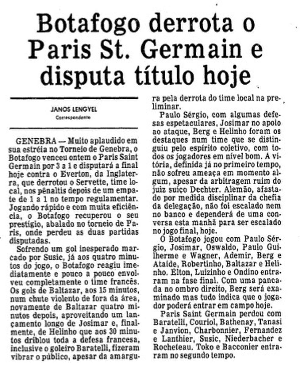 Jornal O Globo destaca vitória do Botafogo sobre o PSG — Foto: Arquivo O Globo