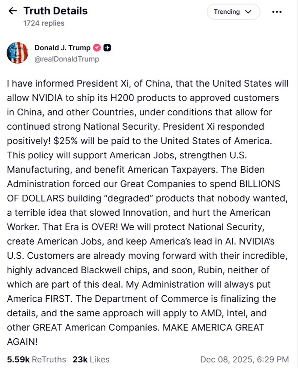 Trump's message on Truth Social regarding authorization to negotiate Nvidia's H200 chips with Beijing — Photo: reproduction