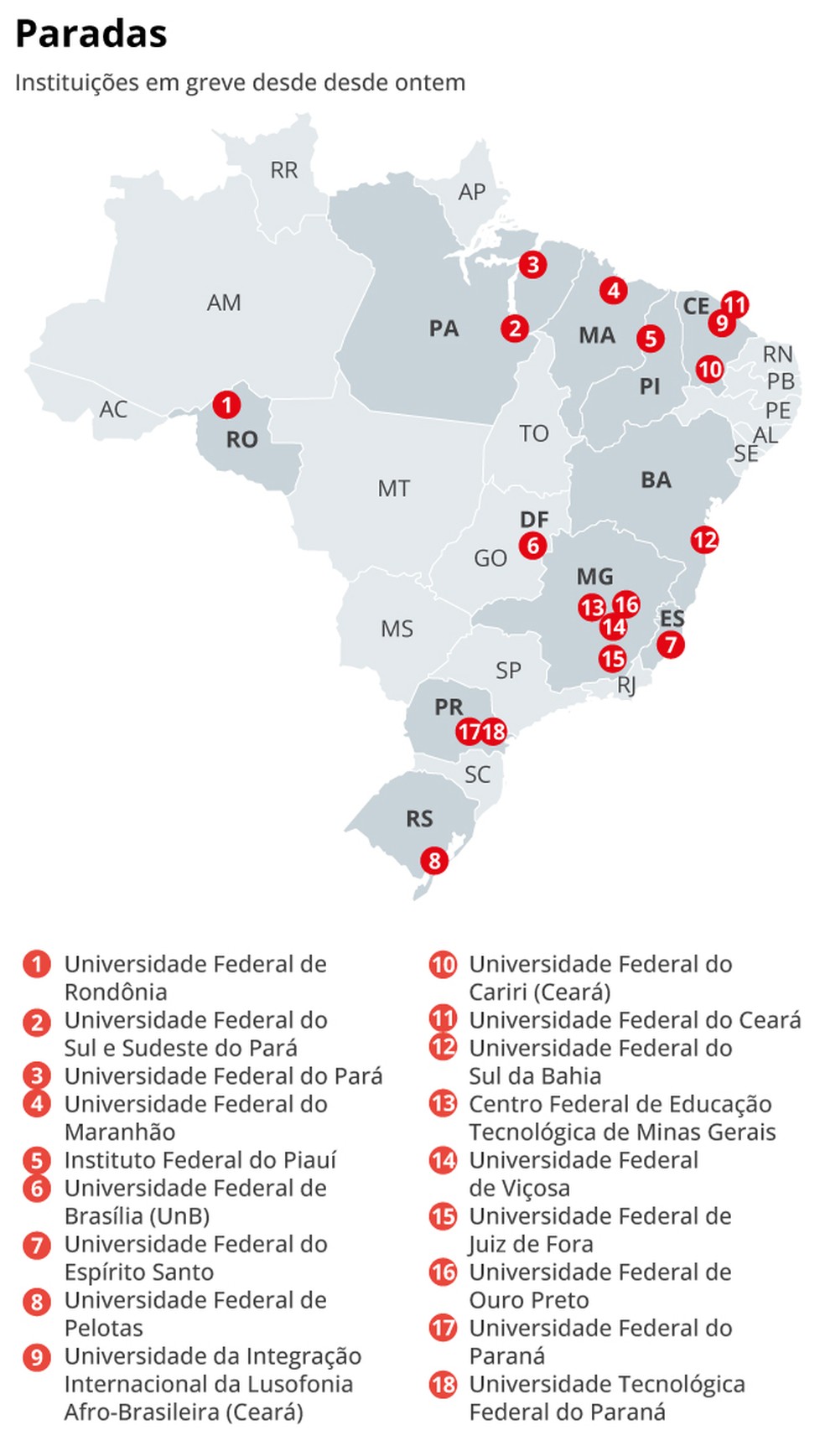 Veja as universidades com atividades paralisadas no Brasil &mdash; Foto: Editoria de Arte