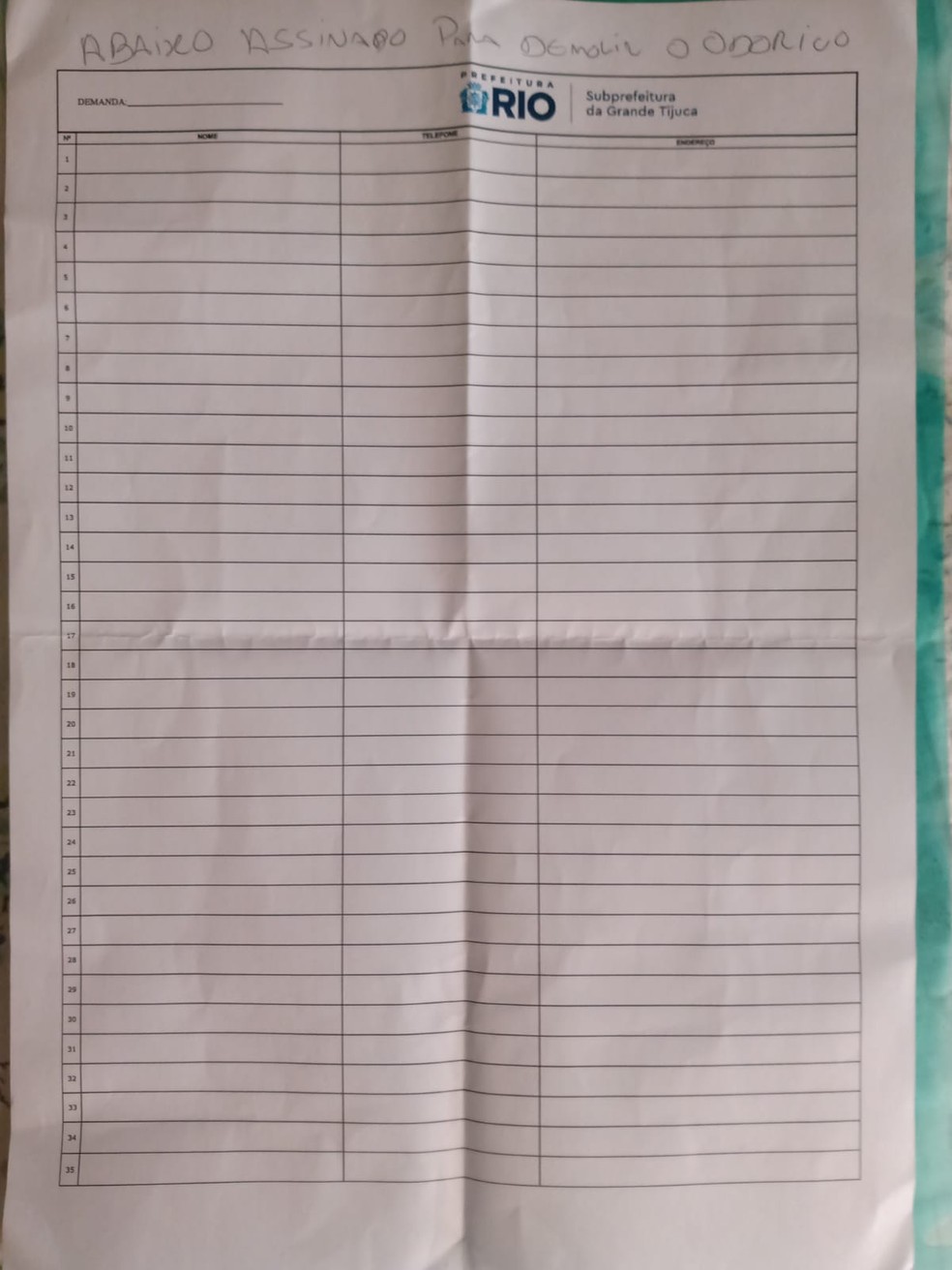 Papel Timbrado para acriação deabaixo-assinado entregue pela subprefeitura da tijuca a moradores-foto: foto do leitor