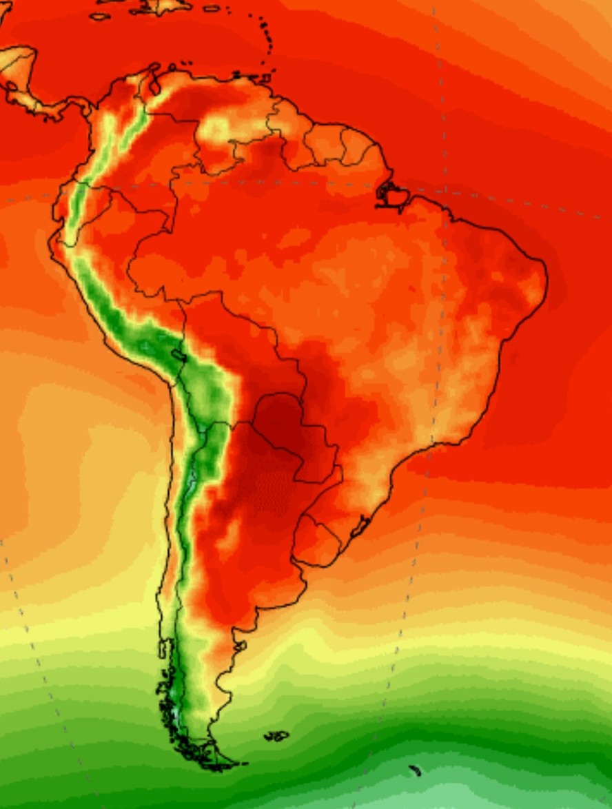Mapa da serviço de clima da Universidade do Maine projeta o calor para hoje. Quanto mais intenso o tom de vermelho, maior o calor