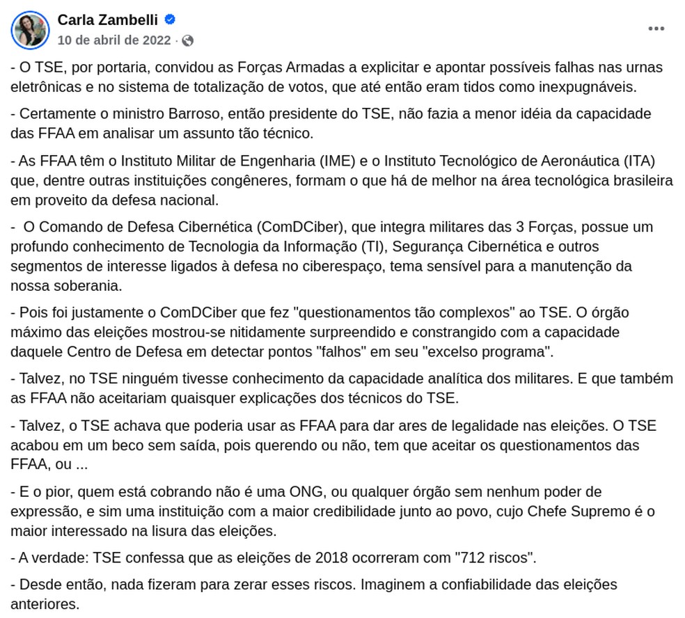 Postagem da deputada federal Carla Zambelli (PL-SP) citada na ação — Foto: Reprodução