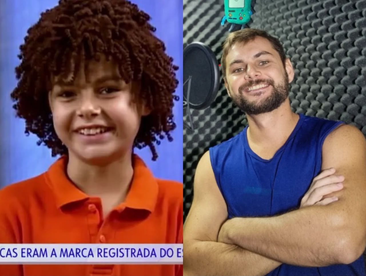 Também na primeira fase, Charles Emmanuel apresentava o programa como o personagem Escova. Hoje ele trabalha como ator e dublador — Foto: Reprodução/TV Globo e Instagram