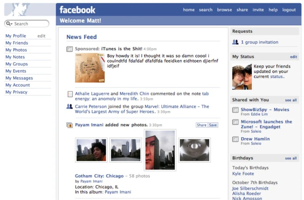 Facebook lança feed de notícias em 2006, linha do tempo com acontecimentos na rede social — Foto: Reprodução/CNT