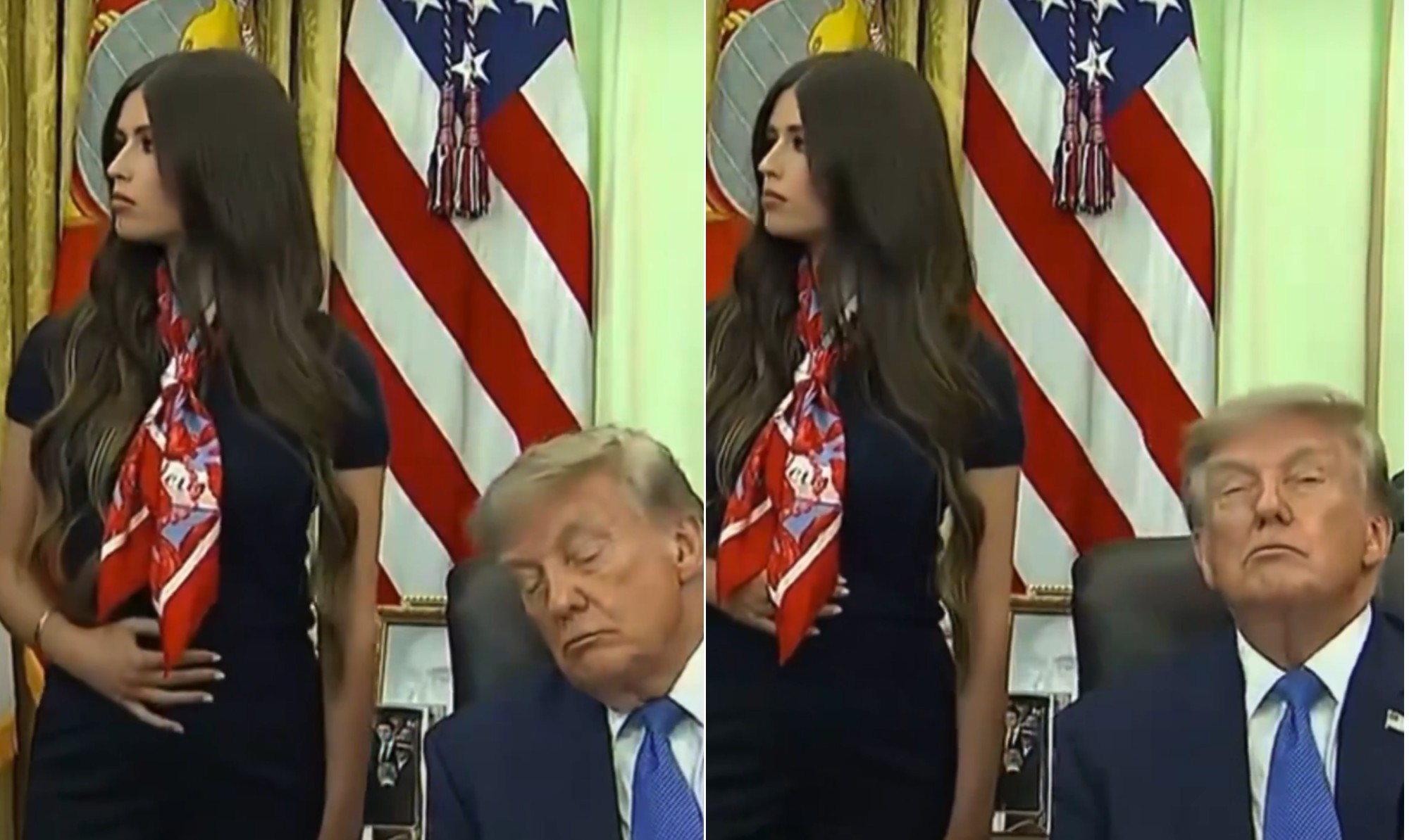 Apoiadora é acusada de ter a função de acordar Trump na frente das câmeras e teoria viraliza; vídeo