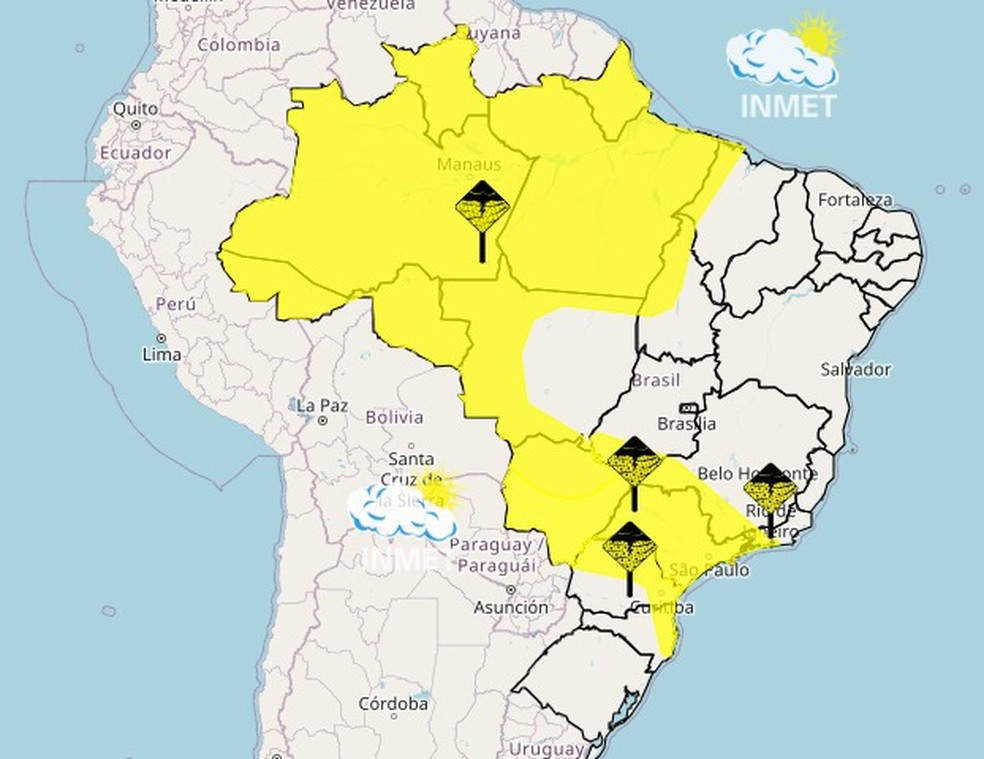 Alertas do Inmet atingem Sul, Centro-Oeste e parte do Sudeste nesta sexta-feira (08/12) &mdash; Foto: Reprodu&ccedil;&atilde;o