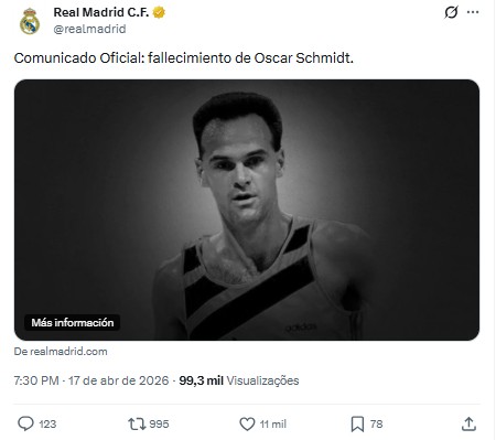 Real Madrid presta homenagem a Oscar Schmidt: 'Lenda do basquete brasileiro e mundial'