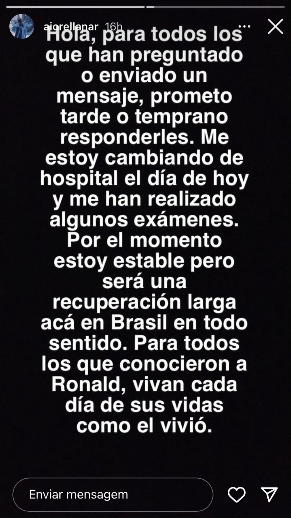 Andrés Orellana pede ajuda nas redes sociais para repatriar o corpo do amigo Ronald Tejeda Sobarzo — Foto: Reprodução/Instagram