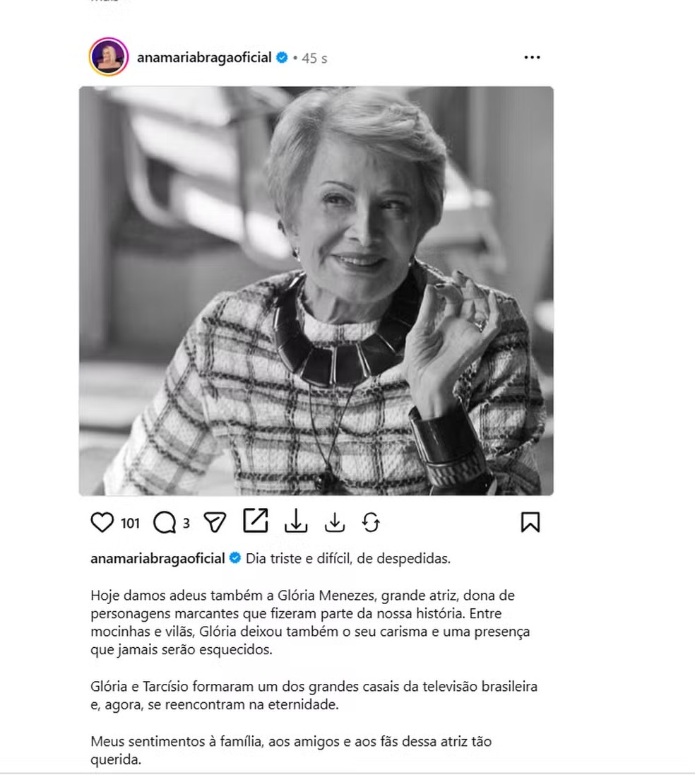 Ana Maria Braga prestou homenagem a Glória Menezes — Foto: Reprodução/ Instagram