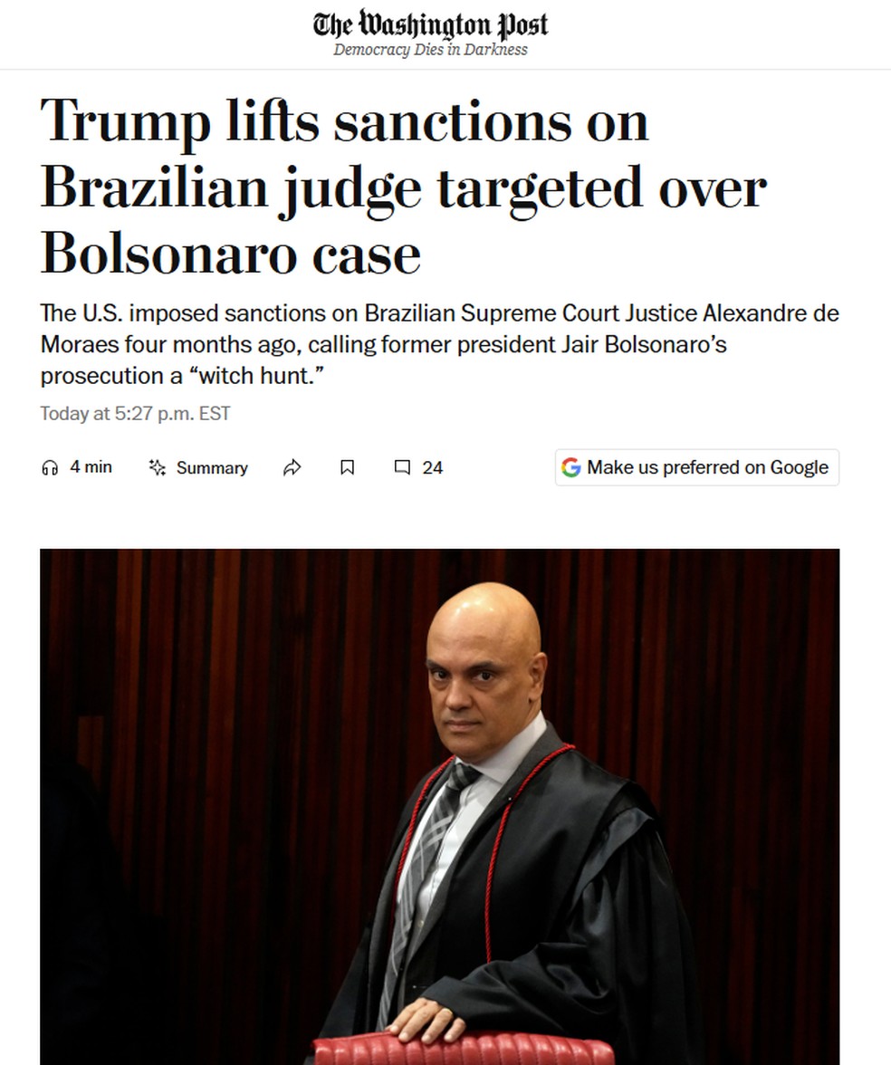 "Trump lifts sanctions against Brazilian judge targeted in Bolsonaro affair"underlined the Washington Post — Photo: Reproduction