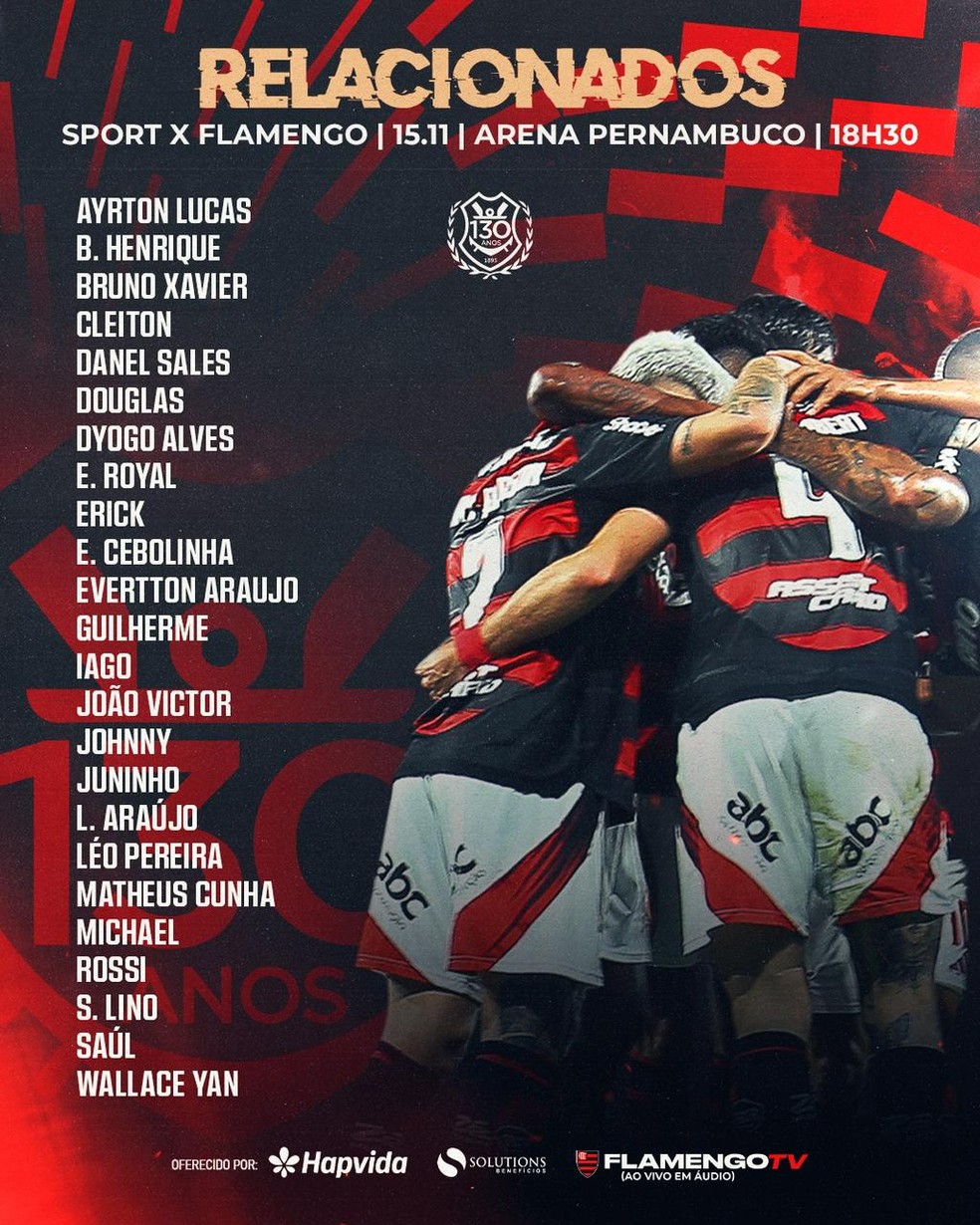 Relacionados pelo Flamengo para enfrentar o Sport — Foto: Divulgação
