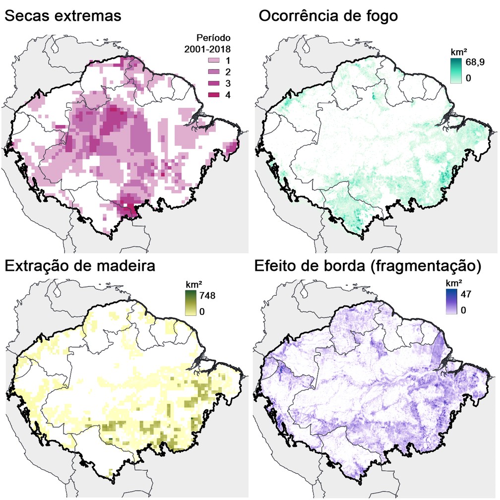 Mapas de impacto dos quatro principais fatores de degradação da floresta amazônica — Foto: Lapola et. al/Science/reprodução
