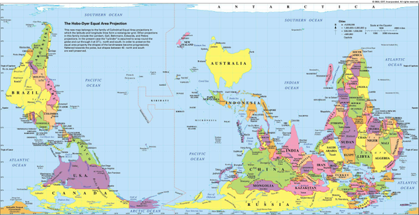 Austrália - mapa múndi do país da Oceania traz país no centro, com o Sul no topo no mapa