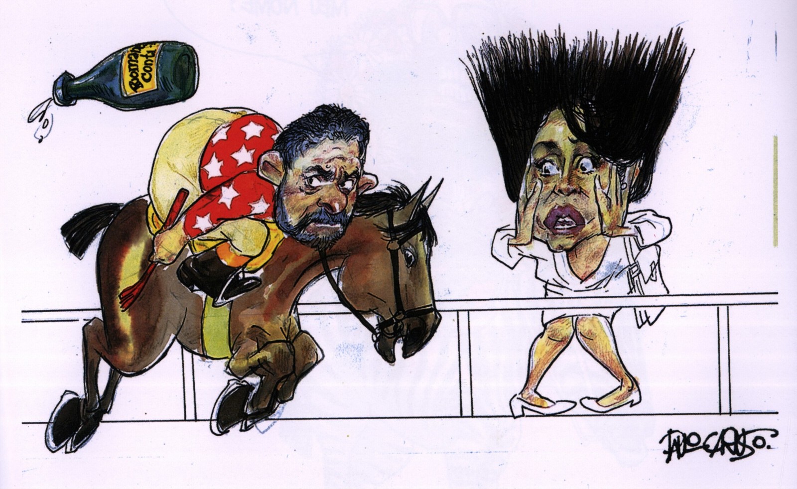 Lula vestido de jóquei sobre um cavalo e Regina Duarte e sua face de medo que disse sentir do político — Foto: Paulo Caruso