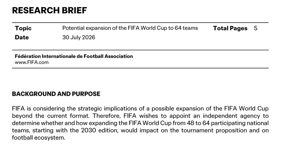 Documento da Fifa revela início de estudos para ampliar Copa do Mundo para 64 seleções já em 2030 — Foto: Reprodução