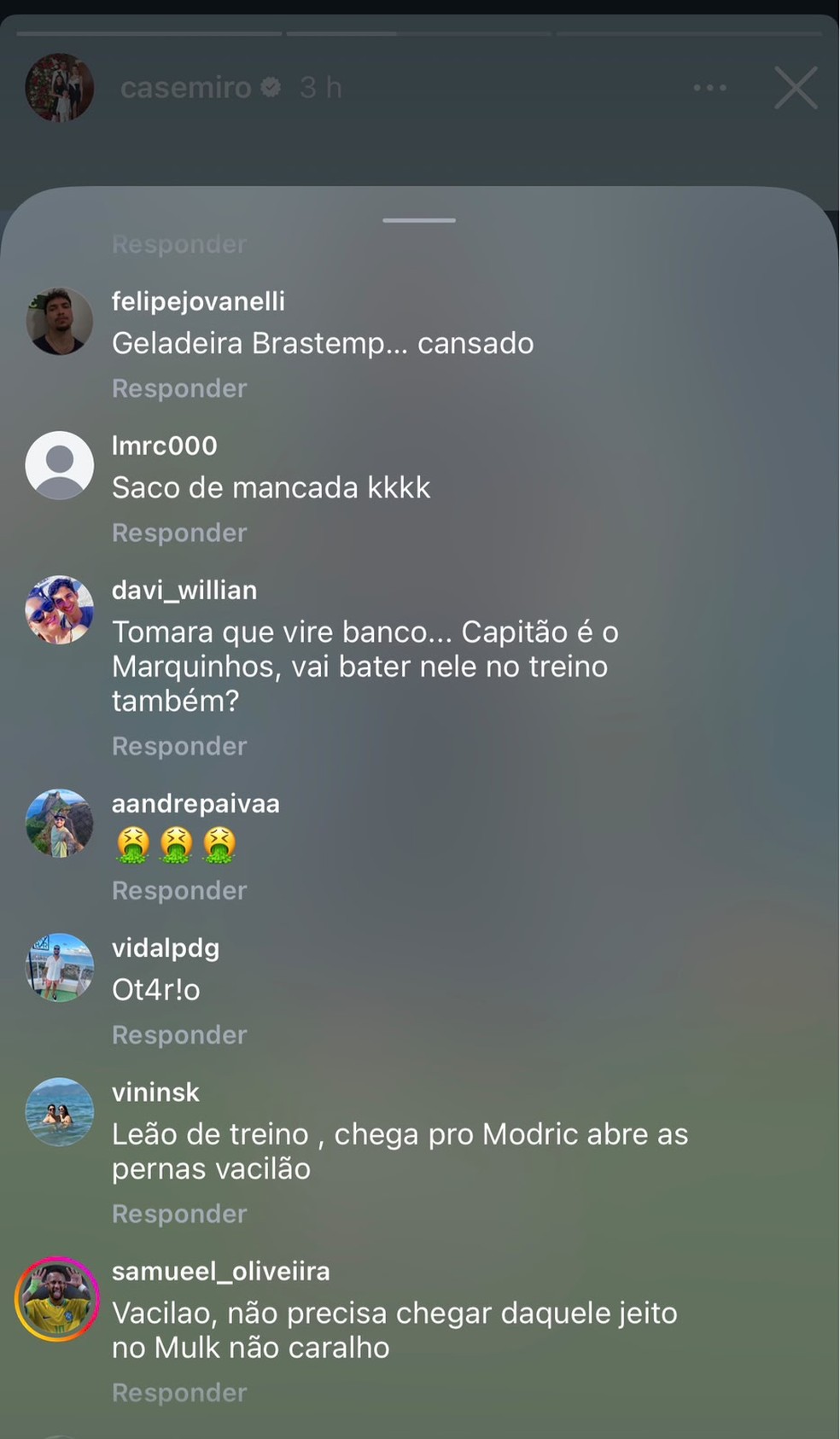 Torcedores comentam no story de Casemiro — Foto: Reprodução / Instagram