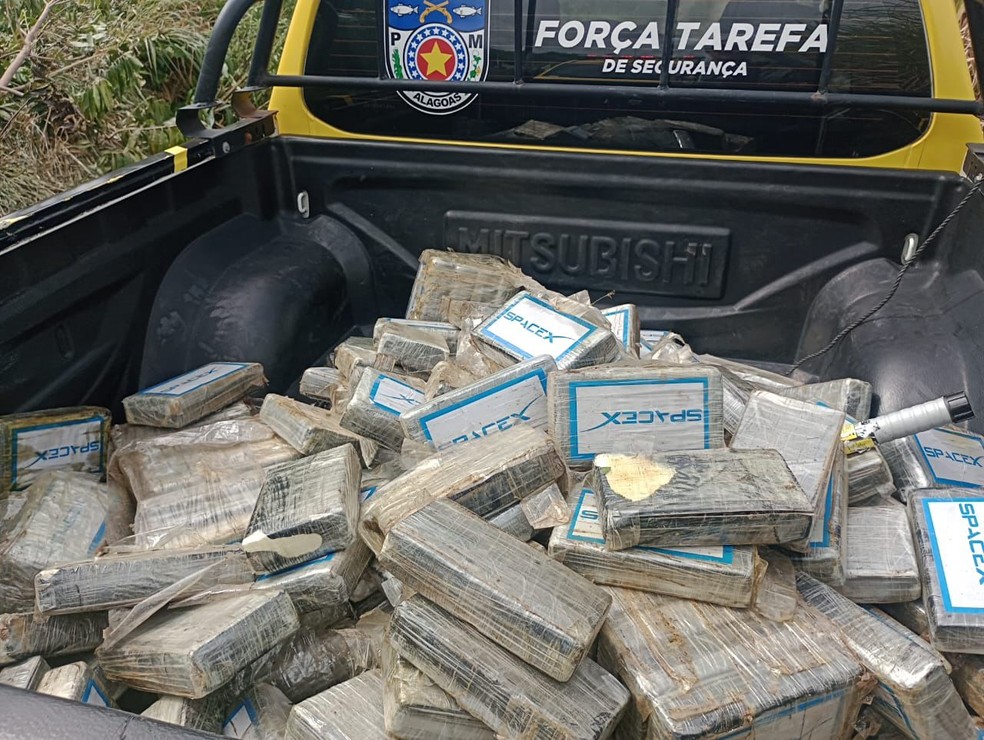 PM-AL encontrou no avião acidentado tijolos de cocaína embalados com logo falso da SpaceX — Foto: Divulgação